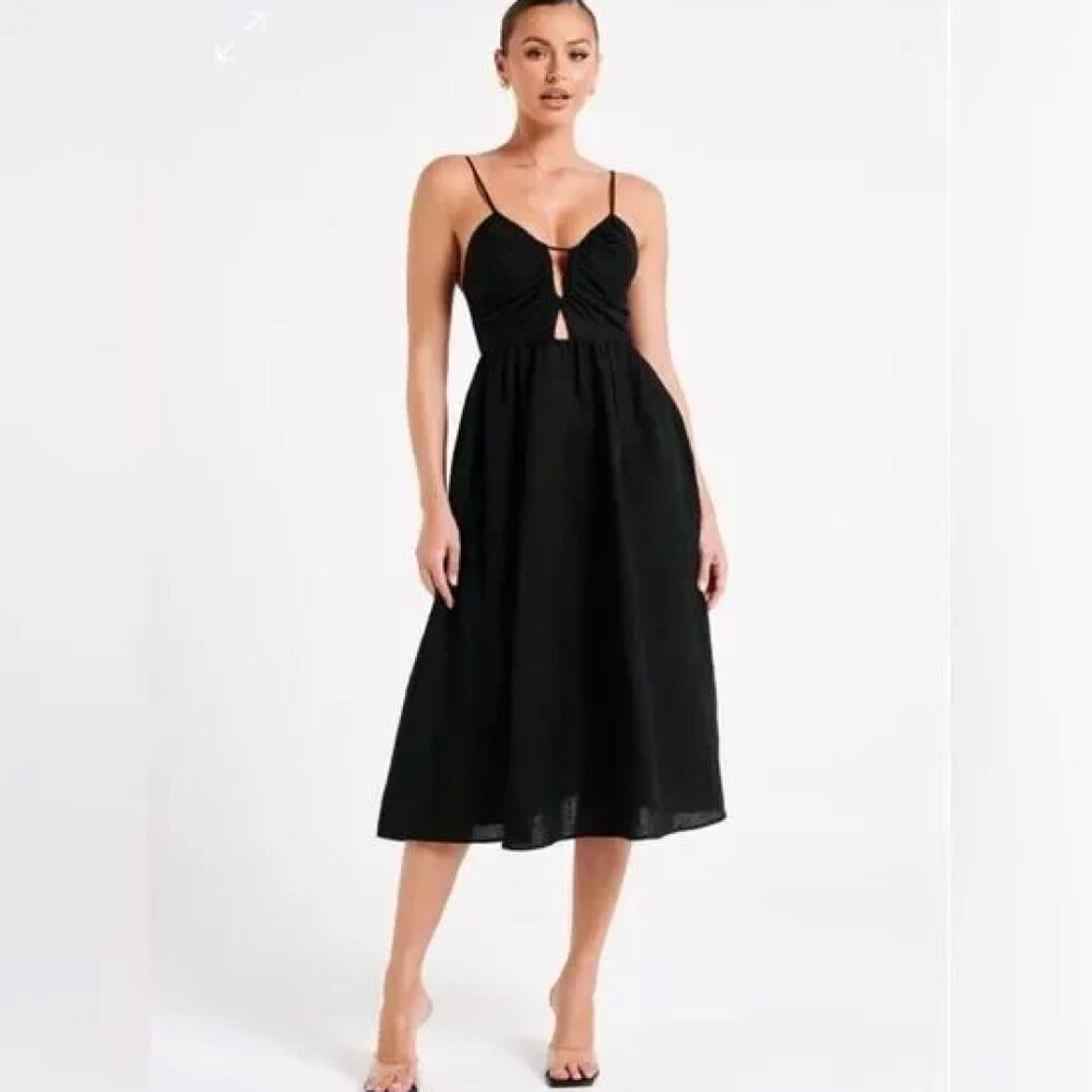 NWT Meshki Magdalena Black Linen Cut‑Out Midi Dress
